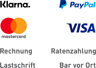 Zahlen Sie bei uns bequem mit: Klarna, PayPal, Mastercard, VISA, Rechnung, Ratenzahlung, Lastschrift oder einfach Bar vor Ort